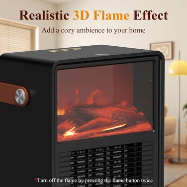 Електричний обігрівач Minthouz 1200W/800W з ефектом полум'я, термостатом та захистом від перегріву для дому та офісу