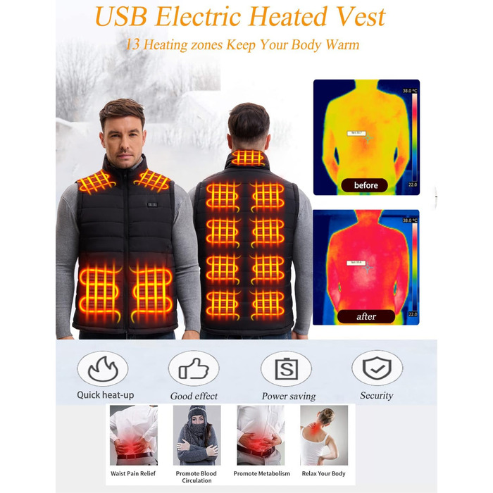 Обогріваючий жилет для чоловіків та жінок з акумулятором, 13 зон обігріву, 3 режими температури, чорний, L