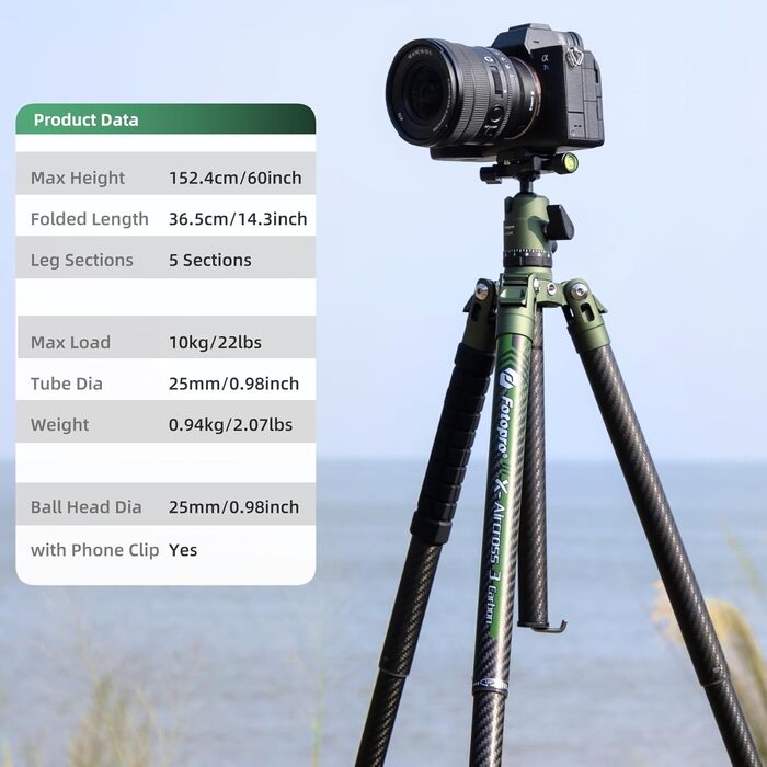 Штатив Fotopro X-Aircross 3 Green: карбоновий, 152 см, кулькова головка 360°, максимальне навантаження 10 кг