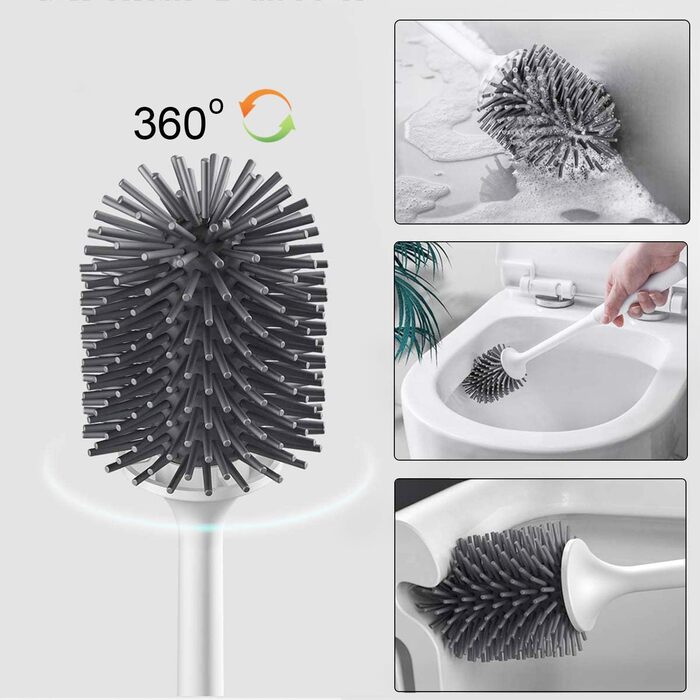 Силіконова щітка для унітазу Klobürste з тримачем, монтаж на стіну/підлогою, швидковисихаючий набір для ванної кімнати – білий (сірий та білий)