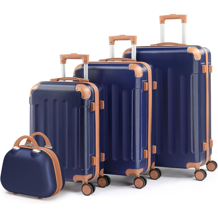 Набір валіз LALAHO 4 шт. з косметичками, з ABS пластику, рожевого кольору (темно-синьо-коричневий, в смужку)