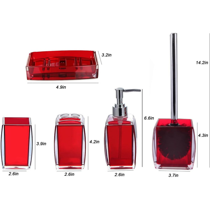5-Piece Red Acrylic Bathroom Accessories Set, Complete Set, Lotion/Soap Dispenser, Soap Dish, Toothbrush Holder, Cup, Toilet Brush and Holder, Modern Bathroom Decor and