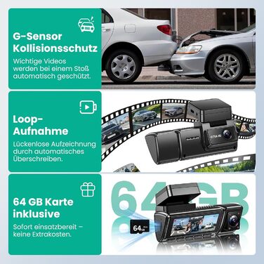 Відеореєстратор 4K автомобільний передній та задній, 3 канали, 64GB SD карта, IPS дисплей, нічна зйомка, WiFi Black-D4
