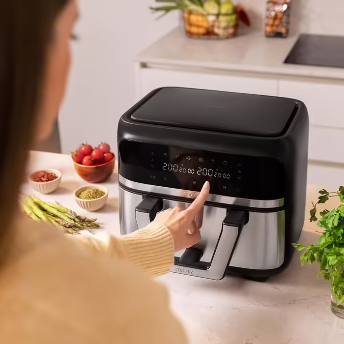 Cecotec Oil-Free Hot Air Fryer - 9L divisible into 2 - Air Fryer Cecofry Dual 9000. 2850W, dietary and digital, touch panel, dual temperature control, 6 modes, PerfectCook technology Black and Stainless Steel 1 9L basket + divider