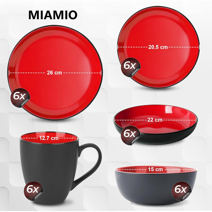 MIAMIO Сервіз для 6 осіб з 30 частин з кераміки, сервіз з тарілок, мисок, чашок та супових тарілок, колекція Le Papillon (Червоний)