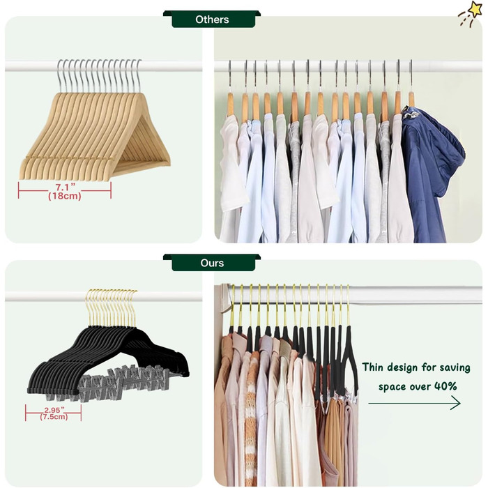 Набір вішалок для штанів Stormix 24 шт., 42 см, з кліпсами, неслизькі, для штанів, спідниць, суконь, курток, пальто (рожево-золоті гачки)