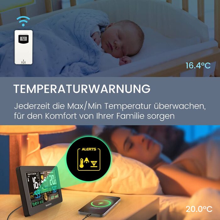 Newentor Weather Station Radio with Outdoor Sensor - Radio Weather Station with Weather Forecast, Temperature Warning, DCF Radio Clock - Battery and Mains Powered, Black