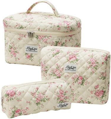 Косметичка для жінок, набір 3 шт. велика бавовняна косметичка для подорожей, органайзер для макіяжу, косметична сумочка з квітковим візерунком (рожева маленька квітка)