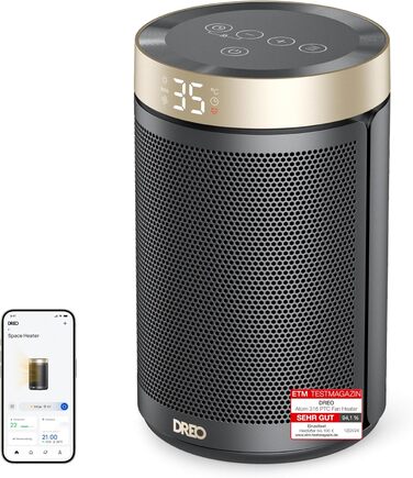 Електричний обігрівач Dreo Atom 316: тихий, 1500W, керамічний PTC, з термостатом, захистом від перегріву та перекидання, таймером 12 годин, для дому та спальні (золотий, з Wi-Fi)