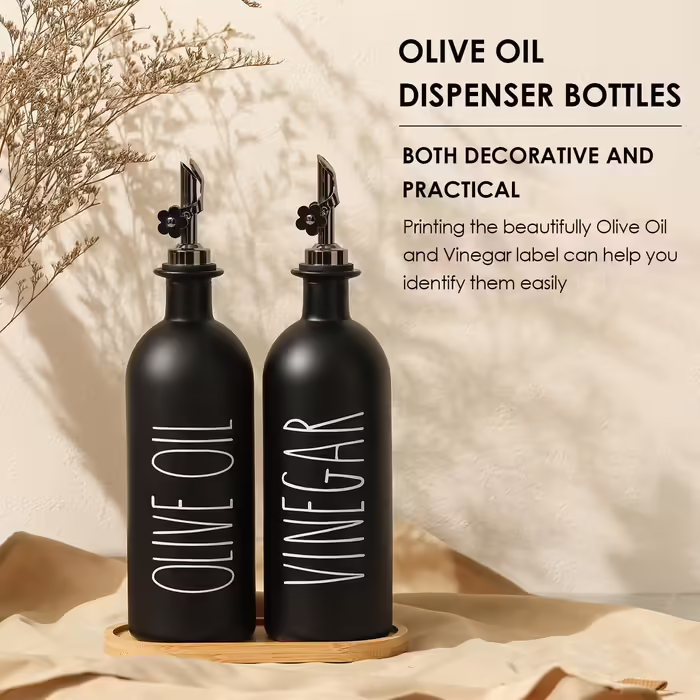 HOMCDALY Olive Oil Dispensers for Kitchen, Glass, Oil and Vinegar Dispenser Set, Olive Oil Bottles with Bamboo Tray, 473 ml, Black, 473 ml, Black
