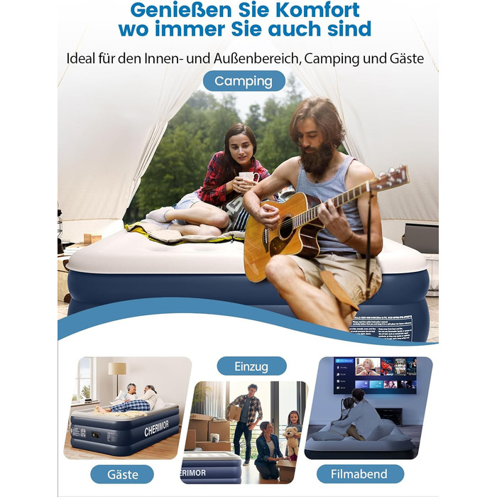 Надувне ліжко для двох осіб, самонадувна повітряна матрац для гостей з вбудованим насосом (3 хвилини), захист від проколів, надувна матрац для кемпінгу та дому, 203x152x46 см, максимальне навантаження 363 кг