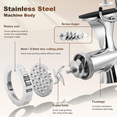 М'ясорубка ручна Hanchen з нержавіючої сталі з присоскою, насадкою для ковбас, 2 дисками та шреддером для овочів - посудомийна