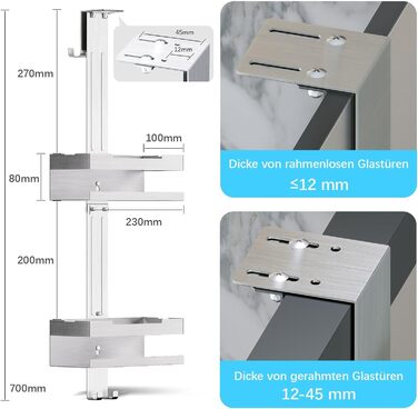 Hosanwell Shower Shelf for Hanging, No-Drill Shower Shelf Double-Layer Stainless Steel SUS304 Shampoo Holder for Shower with Glass Door, No-Drill with 4 Hooks, Silver