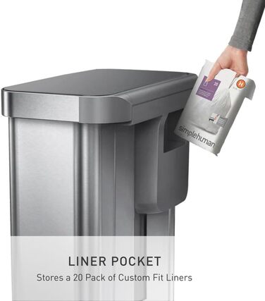 Сміттєвий бак Simplehuman CW2080 45 л з педальним механізмом, з відділенням для пакетів, для кухні, з нержавіючої сталі та сірого пластику