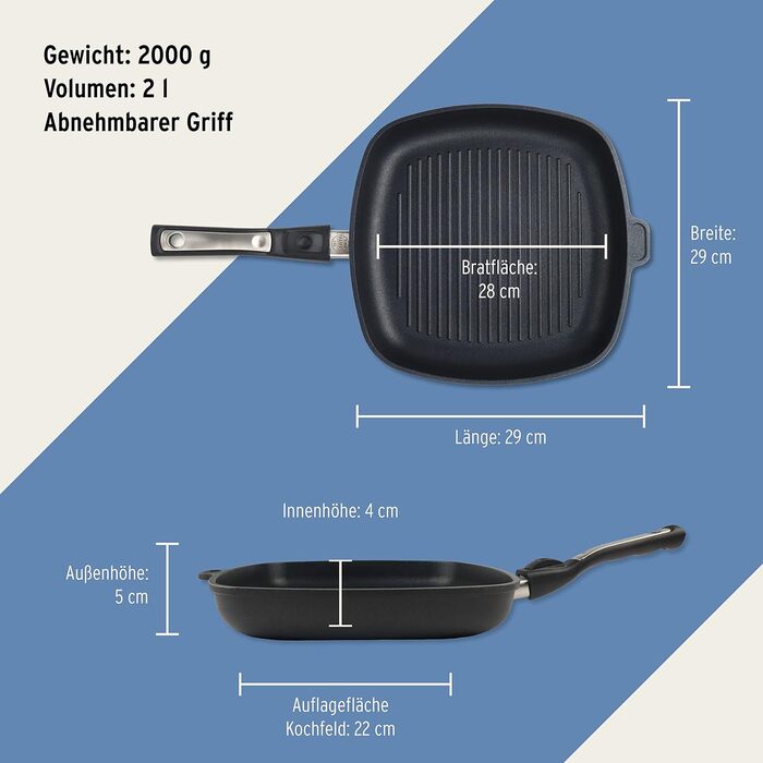 Гриль-сковорода індукційна 28x28 см, ручний огляд якості (Німеччина) | Для всіх типів плит | Знімний руків'я | Рівномірний нагрів | Легке очищення