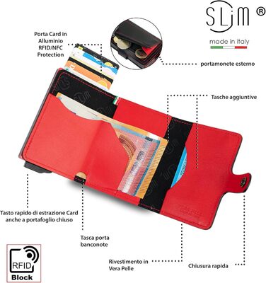 Стильний гаманець Slim Geldbörse для чоловіків та жінок з RFID захистом, відділенням для монет. Зроблено в Італії (Чорний/Червоний)