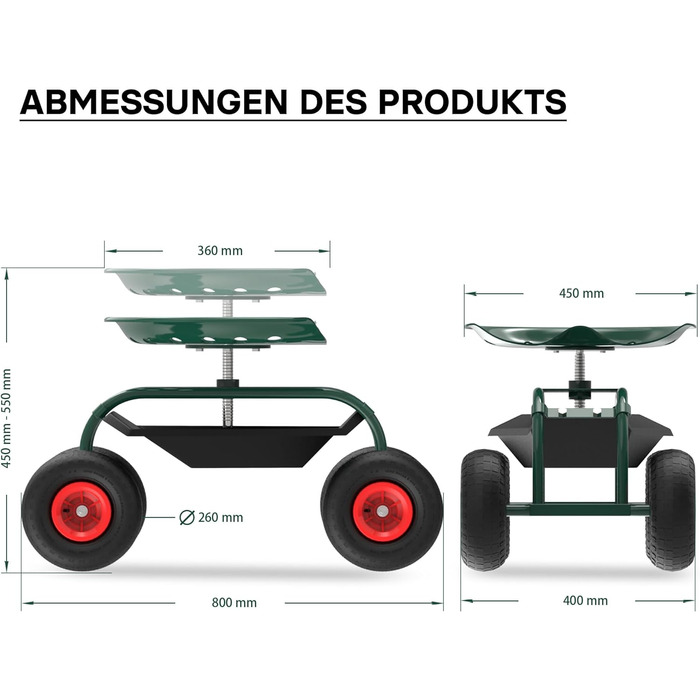 Wiltec Garden Wagon with Storage Area up to 150kg, Garden Chairs with Tires, Garden Trolley for Gardening, Workshop Wagon, Mobile Work Cart, Garden Seat, Mobile