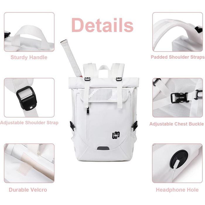 Спортивна сумка для тенісу UtiaMiaoGonGo - рюкзак для ракет, вміщує 2 ракетки та має відділення для взуття. Підходить для тенісу, бадмінтону та падел-тенісу (білий)