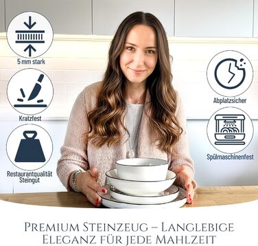 Набір посуду з порцеляни 48 предметів, 12 осіб, скандинавський стиль, білий з чорним обідком, Pure Living