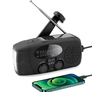 Сонячне радіо з ручним заводом 2000 mAh, AM/FM/NOAA, USB-зарядка, зарядний пристрій для телефону, SOS-сигнал, LED-ліхтарик для кемпінгу та походів (чорний)