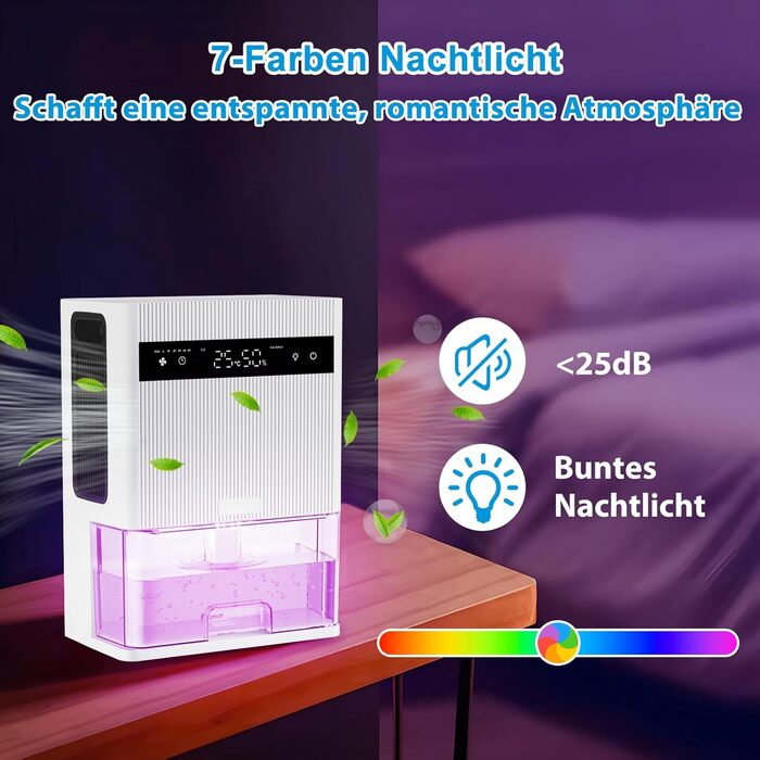 Електричний осушувач повітря 3000 мл з LED-дисплеєм, тихий осушувач для дому, ідеальний для квартири, ванної кімнати, підвалу, з автоматичним вимкненням та кольоровою нічною підсвіткою