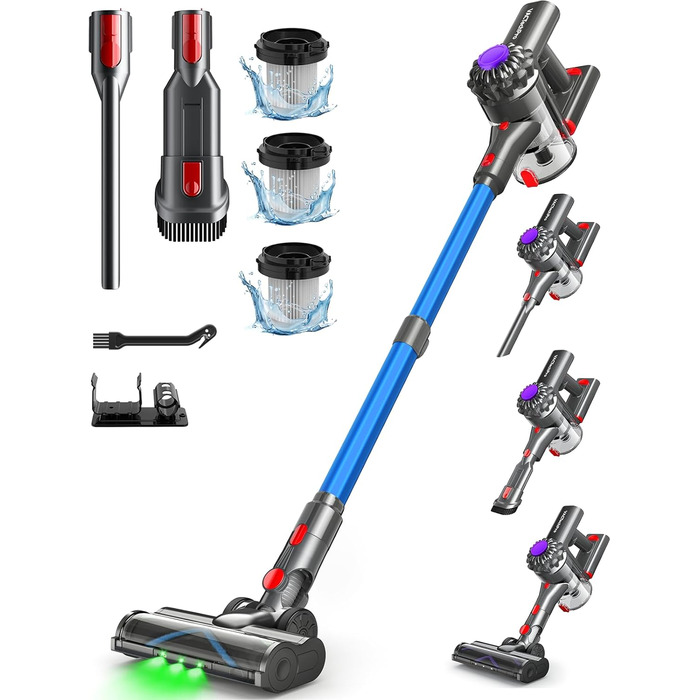 Бездротовий акумуляторний пилосос V15, 35KPa, 6-в-1, для твердих підлог та килимів, видаляє шерсть тварин (Блакитний)