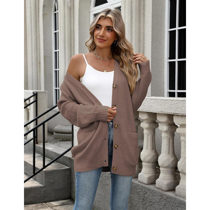 Жіночий в'язаний кардиган Zeagoo з довгим рукавом, вільний крій, V-подібний виріз, грубий в'язання, на кнопках, кавовий колір, розмір XL