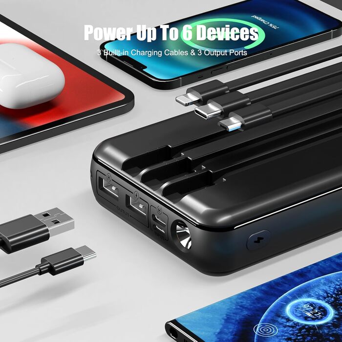 Сонячний павербанк 48000 мАг з 3 кабелями, сонячна панель з 3 виходами та 2 входами, швидка зарядка QC22.5 та PD USB-C 20W для телефонів, планшетів, кемпінгу, подорожей, активного відпочинку