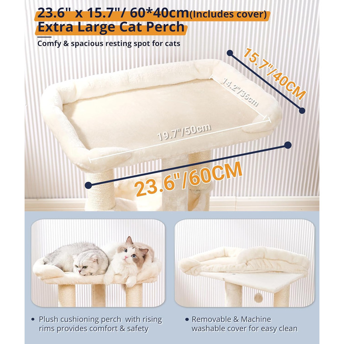 Дерево для котів Happi N Pets 71 см з лежаком та гамаком, покриття з сизалю, стабільна конструкція, знімний чохол, бежевий