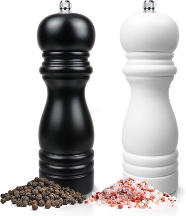 Набір з 2 мельниць для солі та перцю (соль, перець, чилі) - ручні, дерев'яні, з регулюванням помелу, класичний дизайн, чорний та білий