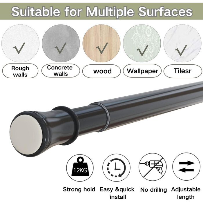 Штанга для карниза без свердління та шурупів, телескопічна, для душу та шафи, 85-230 см (діаметр 32 мм)