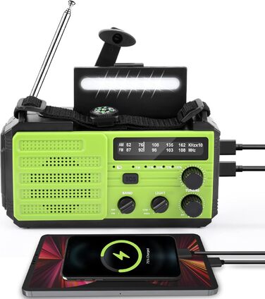 Сонячне радіо Kurbelradio 8000mAh з ручним генератором, AM/FM, LED ліхтарик, SOS, компас, IPX3, для кемпінгу та відпочинку на природі (зелене)