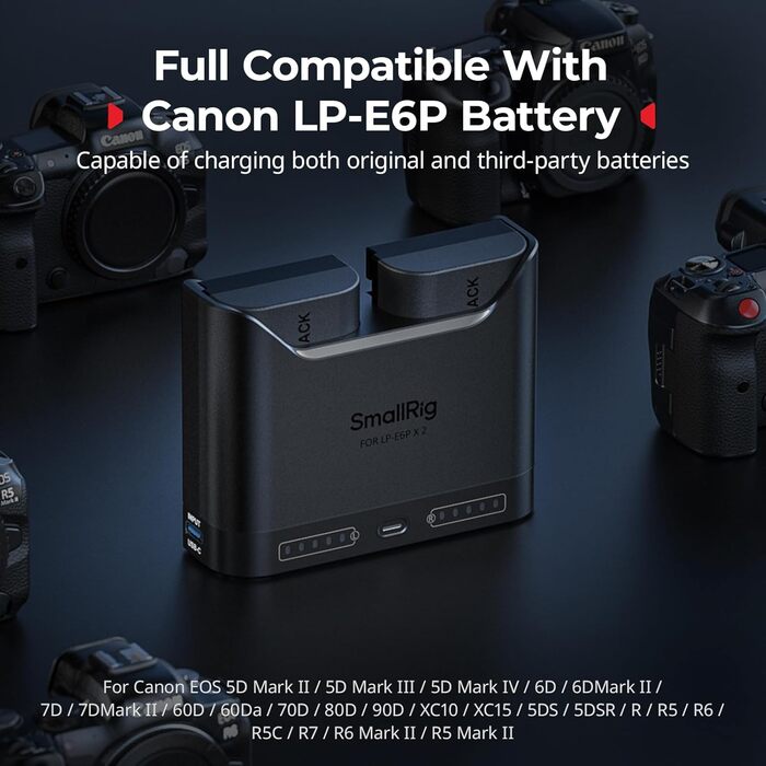Зарядний пристрій SMALLRIG для акумуляторів Canon LP-E6P/LP-E6NH, подвійний, 22.5W USB-C, сумісний з Canon EOS R5 Mark II, R6 Mark II, R5, R6, R7, 5D Mark II та 5D Mark IV