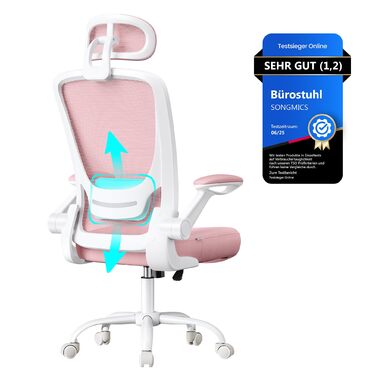 Офісне крісло SONGMICS з ергономічною спинкою, сіткою, підтримкою попереку та голови, функцією гойдання, сидінням 53 см, відкидними підлокітниками, для офісу та спальні, студентів, OBN37BK (Bonbon-рожевий, повна спинка)