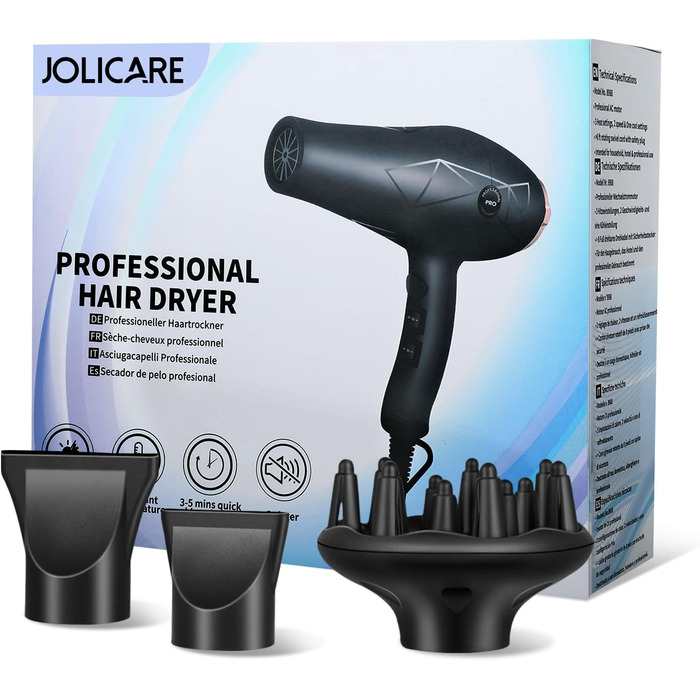 Фен Jolicare з іонізацією та насадкою-дифузором, 2400W, блакове світло, професійний для локонів, салонний, з 1 дифузором та 2 концентраторами, 3 температурні режими, 2 швидкості (Чорний)
