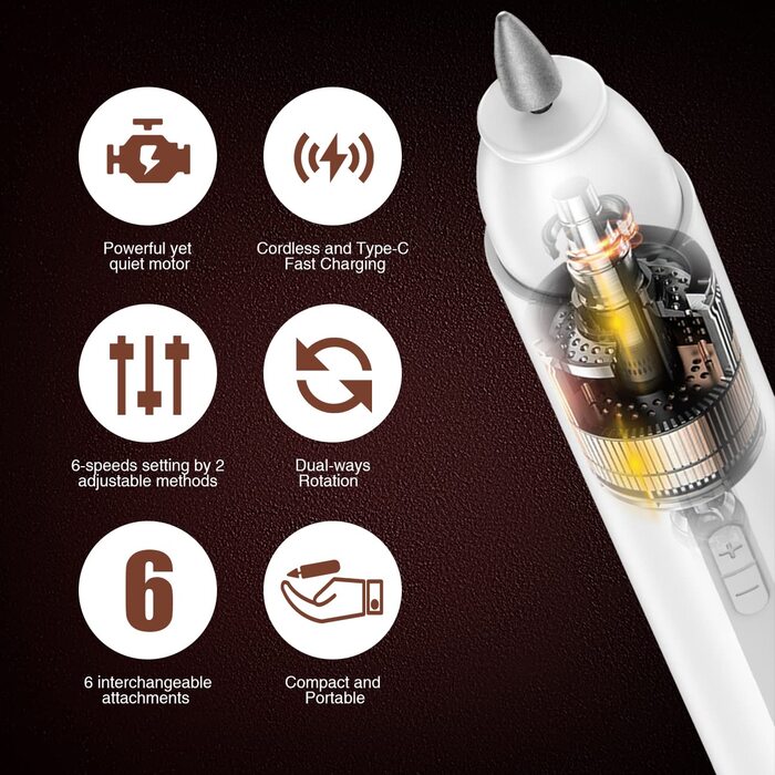 Електрична машинка для манікюру та педикюру TOUCHBeauty AG-1738: професійна бездротова фрезерна машинка з 6 насадками, USB-зарядка, регульована швидкість
