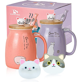 2-Pack Cat Mugs - Cute Ceramic Coffee Cups Set of 2 with Bamboo Lid and Spoon. Novelty Morning Cup Coffee, Milk, Tea Cups - 3D Cat Animal Mugs for Cat Lovers (Red and Purple)