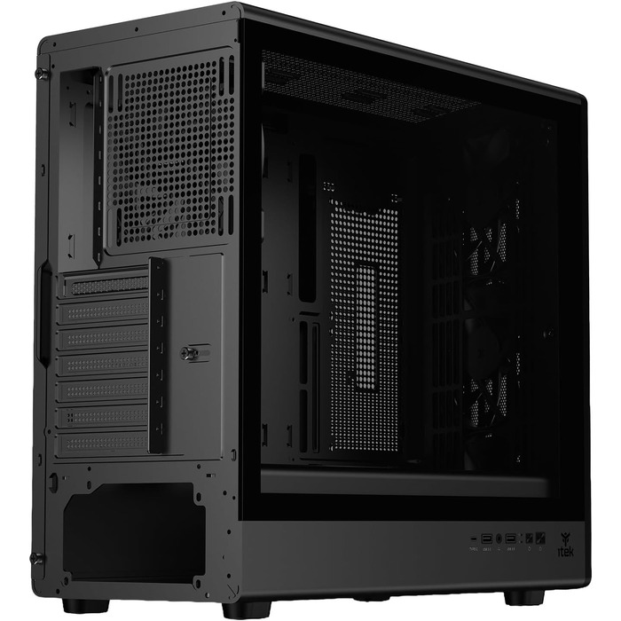 Ігровий корпус Itek Woody W2B ATX Tower, 4 вентилятори 140мм, USB 3.0, Type-C, дерев'яна передня панель, загартоване скло, чорний