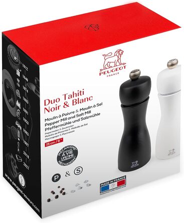 PEUGEOT Tahiti Mill Set Pepper/Salt, Classic Grind Setting, Height: 15 cm, Wood, White/Black, 2/24260
