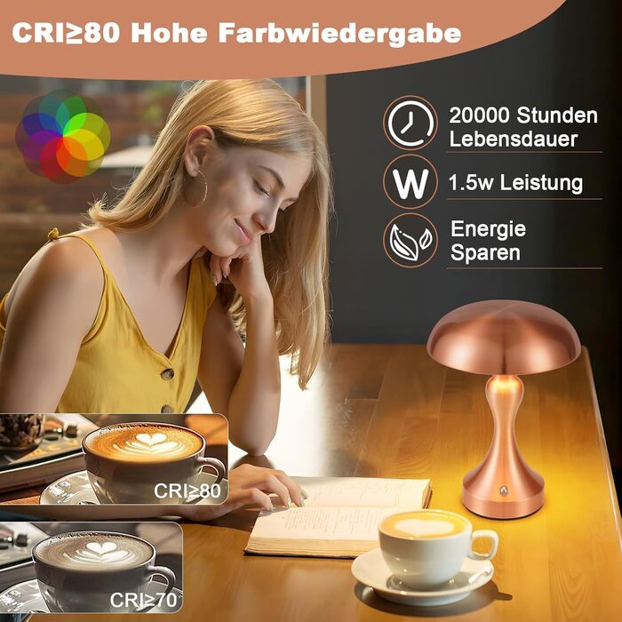 Бездротова настільна лампа з LED-підсвічуванням, сенсорне керування, регулювання яскравості, вінтажний стиль, USB-зарядка, нічник для спальні/вітальні (червоно-бронзова, 2 шт.)