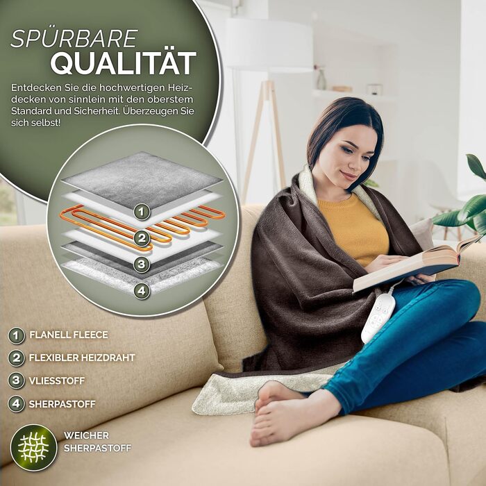 Електрична ковдра Sinnlein® з автовимкненням 200x180 см | 9 температурних режимів | Ковдра для ліжка та дивана | Таймер, цифровий дисплей, світло-коричнева