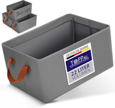 TOPP4u Storage Box Set Premium, 3-Piece, 40x28x20 cm, Extra Stable Storage Boxes with Metal Frame & Wooden Bottom, Foldable Closet Organizer, Boxes for Wardrobe, Large Storage Box, Grey