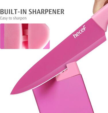 Набір ножів Hecef 14 предметів у блоці, з антипригарним покриттям, для посудомийної машини, самозаточуваний, ергономічні ручки, кухонний набір для будь-якої кухні (рожевий)