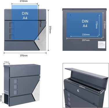 Поштовий ящик Wiltec Designer V24 антрацит/нержавіюча сталь 370x105x370 мм, настінний, з замком, оглядовим вікном та тримачем для газет
