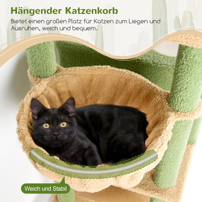 Драбина для котів Globlazer Kaktus (зелена), XXL, 195 см: 2 будиночки, 2 стійкі сидіння, гамак, кошик. Підходить для Maine Coon, British Shorthair