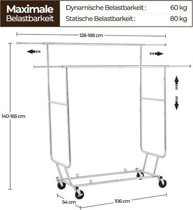 Yaheetech Clothes Rack Coat Rack with 2 Extendable Clothes Rods Freestanding on Wheels Height Adjustable Holds up to 130 KG