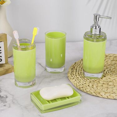 Acrylic Bathroom Accessories Set, Lotion/Soap Dispenser, Soap Dish, Toothbrush Holder, Tumbler, Toilet Brush and Holder, Modern Bathroom Decoration and Housewarming Gift Set, Orange, 5-Piece (Green-5)