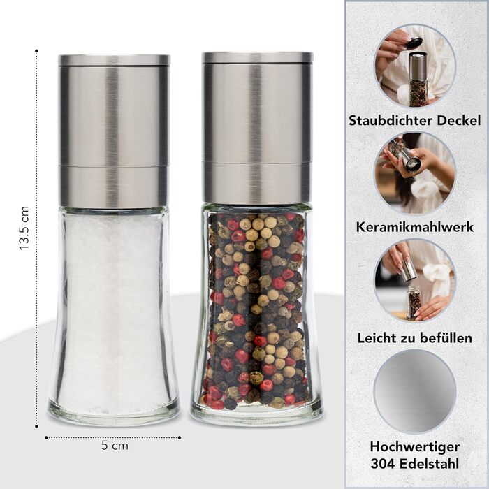 Набір з 2 електричних мельниць для солі та перцю преміум-класу | Регульоване керамічне подрібнювання | Набір з високоякісної нержавіючої сталі для солі, перцю та інших спецій