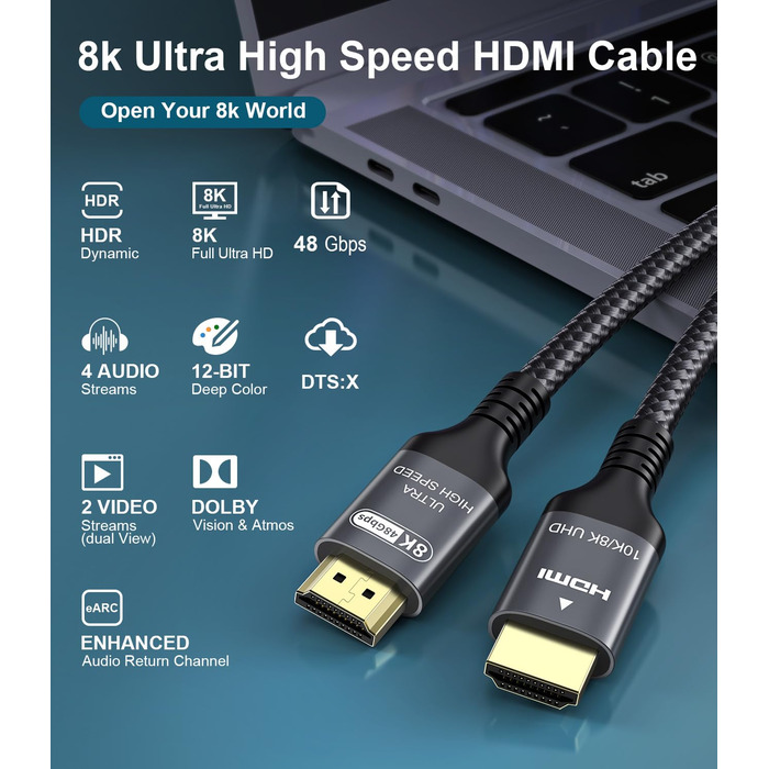 HDMI 2.1 Кабель 3м, 48Gbps, 8K, 4K 240Hz, Ethernet, CEC, ARC, eARC, HDCP2.3, HDR10+ (3 м)