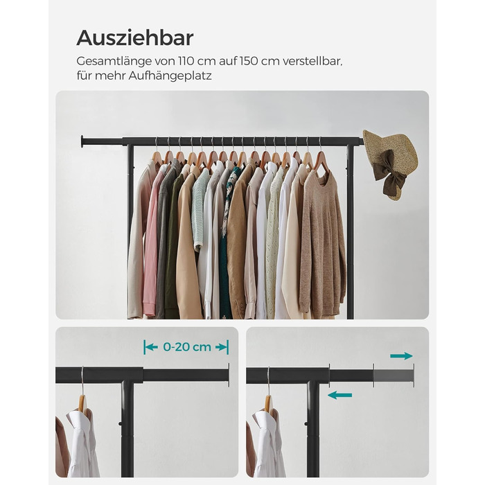 SONGMICS Clothes Rack with Wheels, Clothes Rail, Heavy-Duty, Extendable Clothes Rod, Load Capacity up to 110 kg, 45 x (160-200) x 162.9 cm, Metal, Chrome, HSR176E01 ((110-150)B cm, Matte Black)